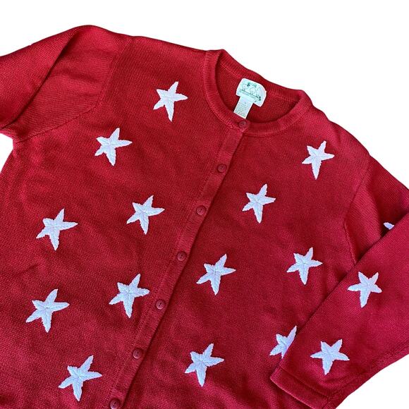 Quacker Factory Women's 1X Red & White Star Embroidered Cardigan Sweater - Picture 1 of 10